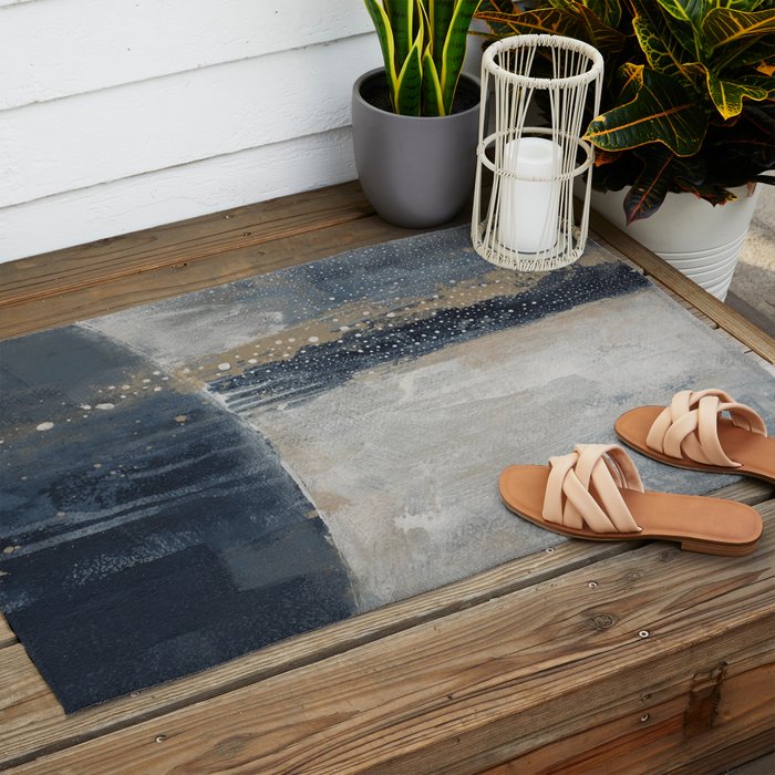 Blue and Beige Abstract Painting  Textured Modern Art Outdoor Rug Gallery Image 2