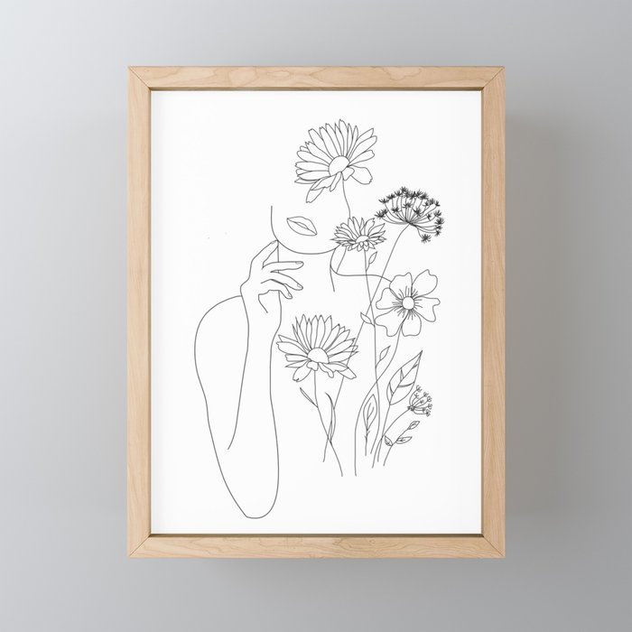 Minimal Line Art Woman with Flowers III Mini Art Print Gallery Image 1