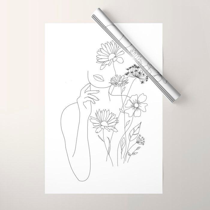 Minimal Line Art Woman with Flowers III Wrapping Paper Gallery Image 1