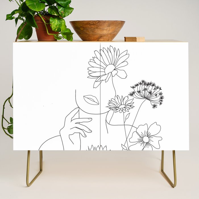 Minimal Line Art Woman with Flowers III Credenza Gallery Image 1