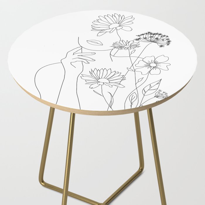 Minimal Line Art Woman with Flowers III Side Table Gallery Image 2