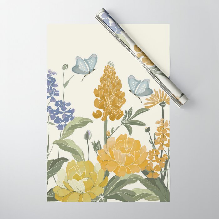 Wildflowers and Butterflies, Floral Prints, Yellow and Blue Wrapping Paper Gallery Image 1