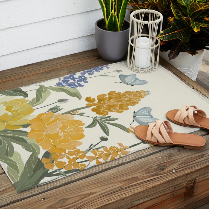 Wildflowers and Butterflies, Floral Prints, Yellow and Blue Outdoor Rug Gallery Image 2