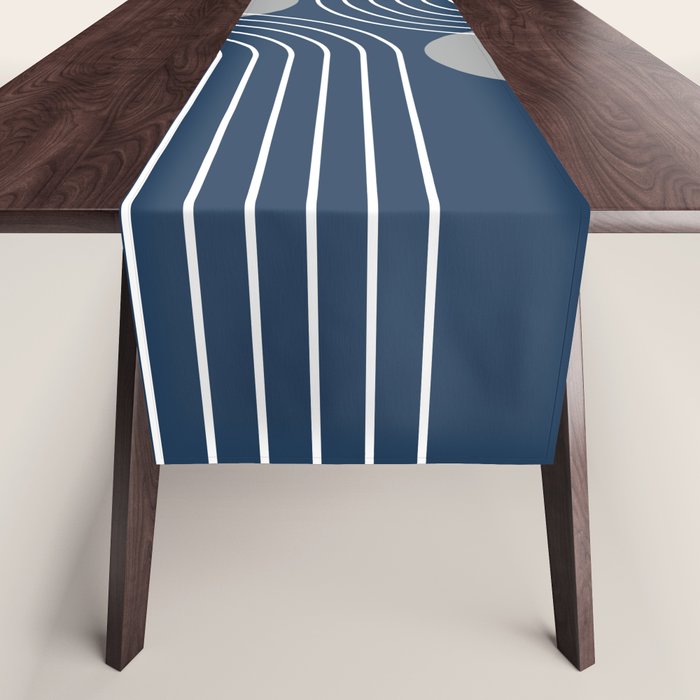 Mid Century Modern Geometric 106 in Navy Blue and Grey (Rainbow and Sun Abstraction) Table Runner Gallery Image 1