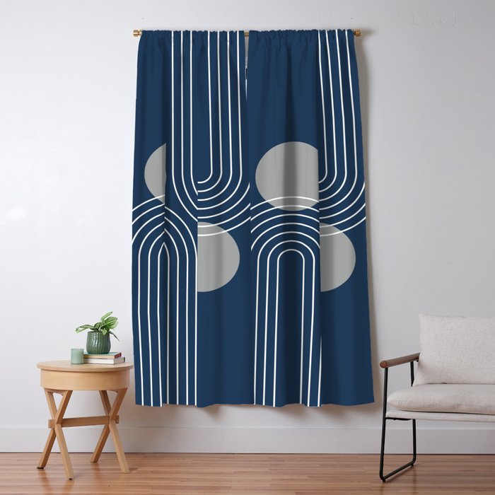 Mid Century Modern Geometric 106 in Navy Blue and Grey (Rainbow and Sun Abstraction) Window Curtain Gallery Image 5