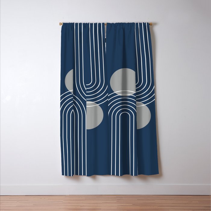 Mid Century Modern Geometric 106 in Navy Blue and Grey (Rainbow and Sun Abstraction) Window Curtain Gallery Image 3