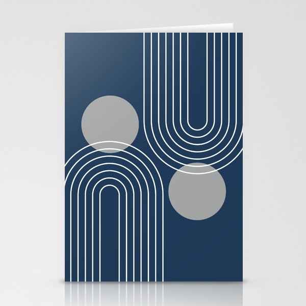 Mid Century Modern Geometric 106 in Navy Blue and Grey (Rainbow and Sun Abstraction) Stationery Card Gallery Image 1