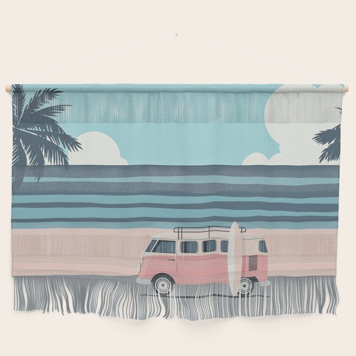 Surfer Graphic Beach Palm-Tree Camper-Van Art Wall Hanging Gallery Image 1