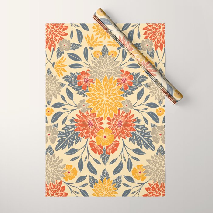 Warm Yellow, Orange & Blue Floral Wrapping Paper Gallery Image 1