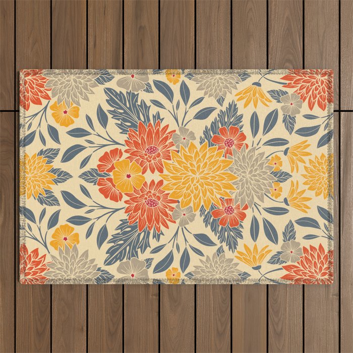 Warm Yellow, Orange & Blue Floral Outdoor Rug Gallery Image 1