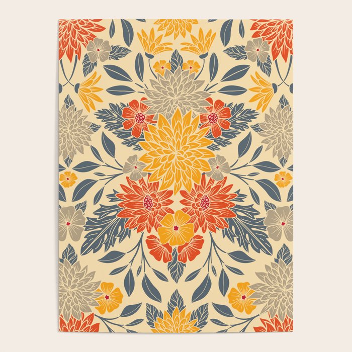 Warm Yellow, Orange & Blue Floral Poster Gallery Image 1