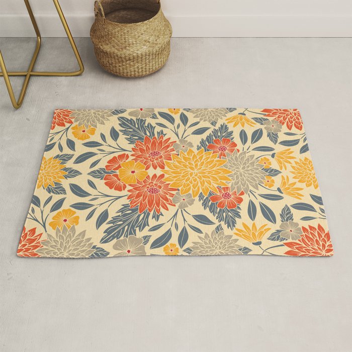 Warm Yellow, Orange & Blue Floral Rug Gallery Image 1