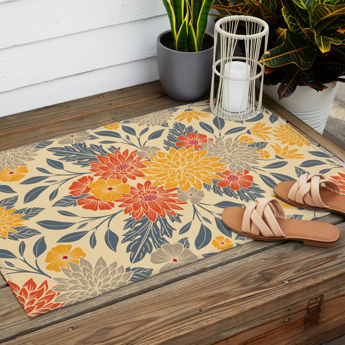 Warm Yellow, Orange & Blue Floral Outdoor Rug Gallery Image 2