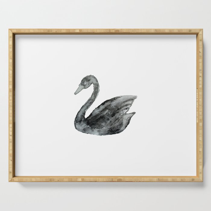Elegant black white hand painted watercolor swan Serving Tray Gallery Image 1