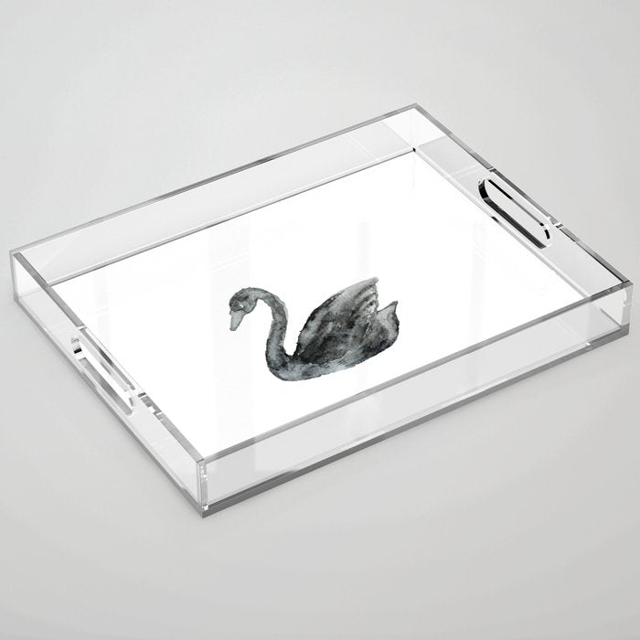 Elegant black white hand painted watercolor swan Acrylic Tray Gallery Image 1