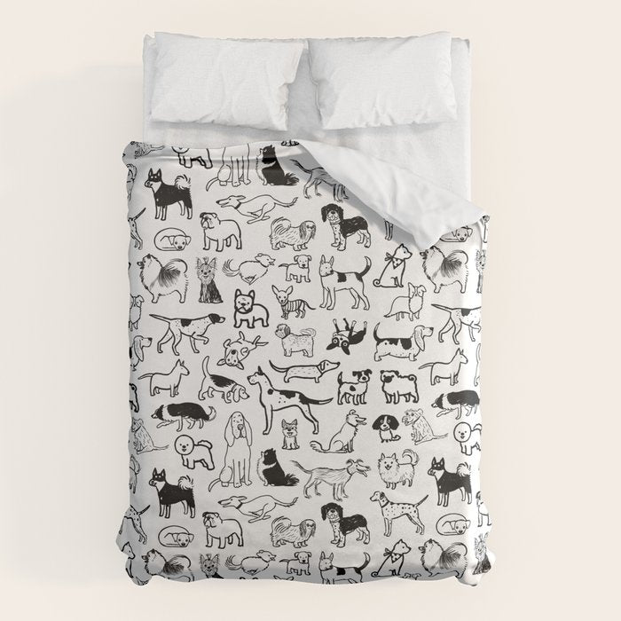 Black and White Dog Drawings | Cute Dog Breeds Pattern Duvet Cover Gallery Image 1