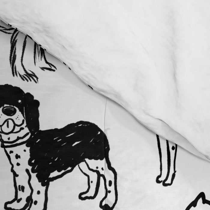 Black and White Dog Drawings | Cute Dog Breeds Pattern Comforter Gallery Image 4