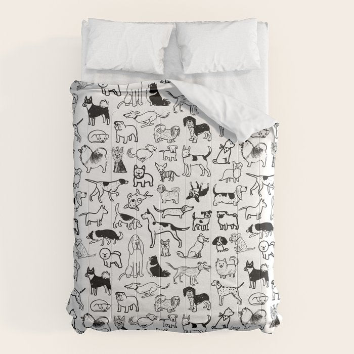 Black and White Dog Drawings | Cute Dog Breeds Pattern Comforter Gallery Image 6