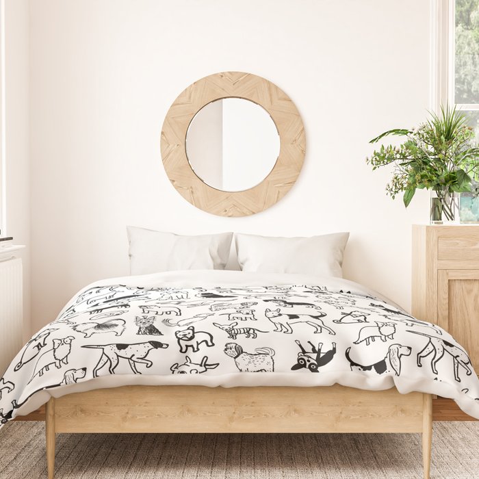 Black and White Dog Drawings | Cute Dog Breeds Pattern Duvet Cover Gallery Image 3