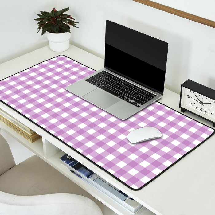 Gingham Check Pattern in Pastel Orchid Purple and White  Desk Mat Gallery Image 2