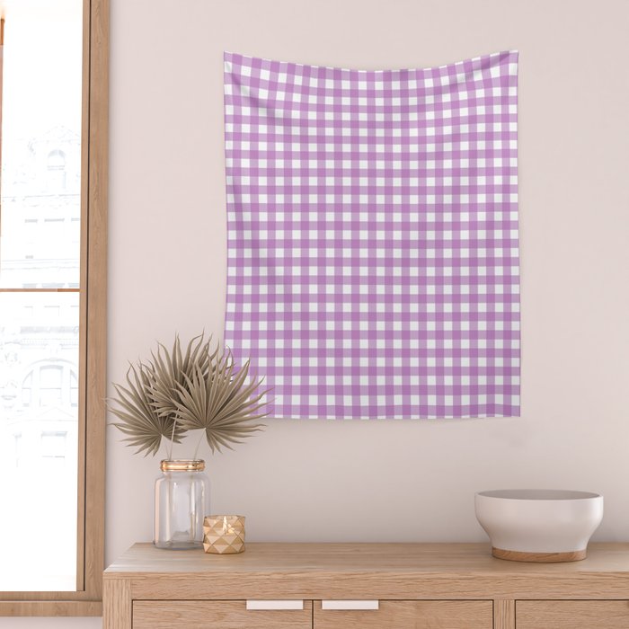 Gingham Check Pattern in Pastel Orchid Purple and White  Wall Tapestry Gallery Image 2