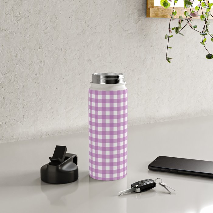 Gingham Check Pattern in Pastel Orchid Purple and White  Water Bottle Gallery Image 4