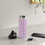 Gingham Check Pattern in Pastel Orchid Purple and White  Water Bottle Gallery Image 4
