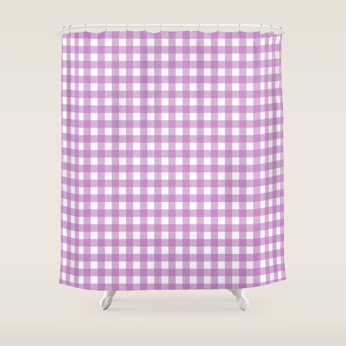 Gingham Check Pattern in Pastel Orchid Purple and White  Shower Curtain Gallery Image 1