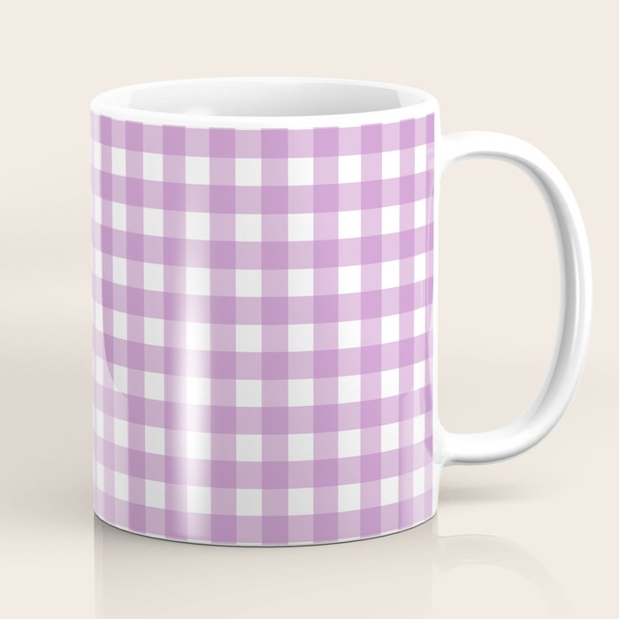 Gingham Check Pattern in Pastel Orchid Purple and White  Coffee Mug Gallery Image 1
