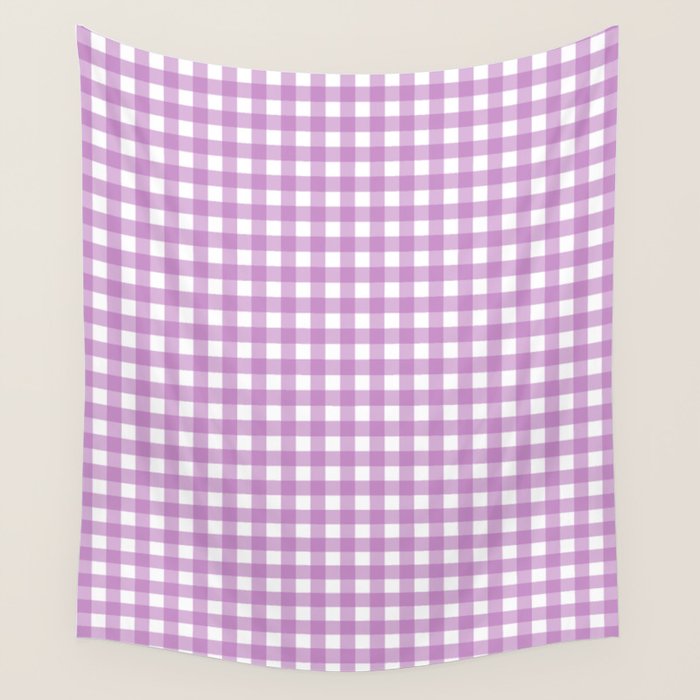 Gingham Check Pattern in Pastel Orchid Purple and White  Wall Tapestry Gallery Image 1