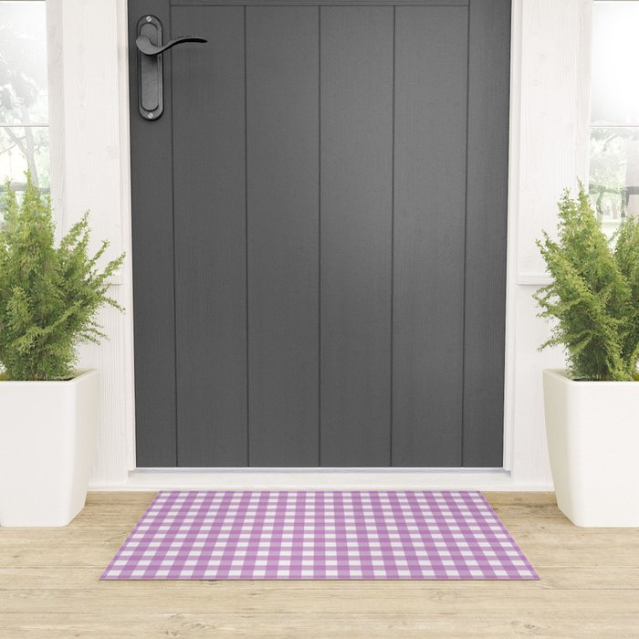 Gingham Check Pattern in Pastel Orchid Purple and White  Welcome Mat Gallery Image 3