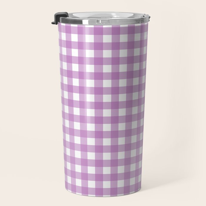 Gingham Check Pattern in Pastel Orchid Purple and White  Travel Mug Gallery Image 3