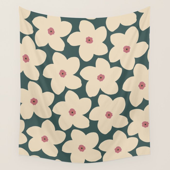 Green And Cream Retro Flower Wall Tapestry Gallery Image 4