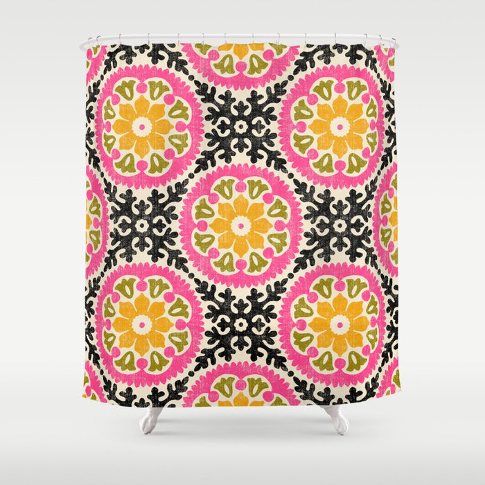 Folk Art Mandala - vintage pink, gold, and avocado green Shower Curtain Gallery Image 1