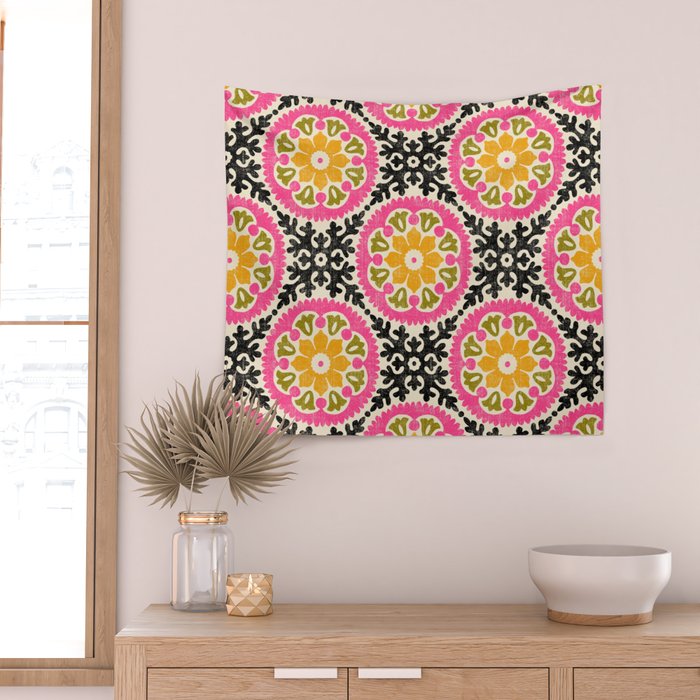 Folk Art Mandala - vintage pink, gold, and avocado green Wall Tapestry Gallery Image 2