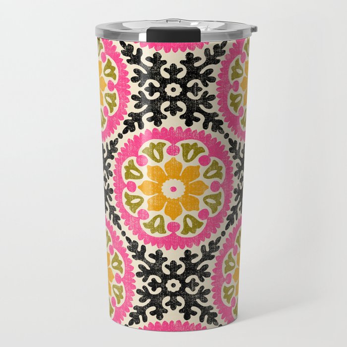 Folk Art Mandala - vintage pink, gold, and avocado green Travel Mug Gallery Image 1