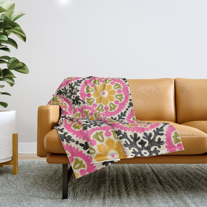 Folk Art Mandala - vintage pink, gold, and avocado green Throw Blanket Gallery Image 1