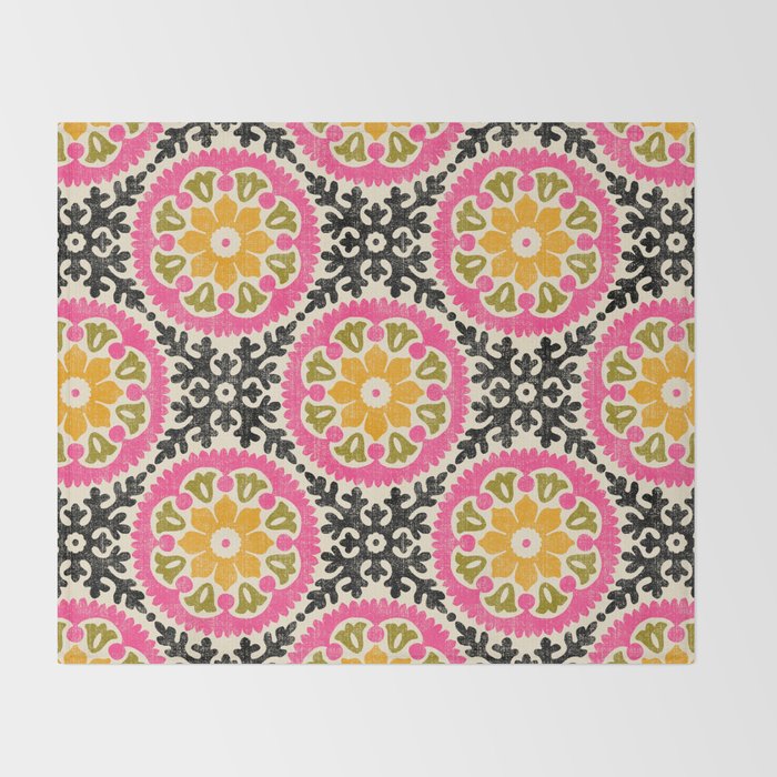 Folk Art Mandala - vintage pink, gold, and avocado green Throw Blanket Gallery Image 2