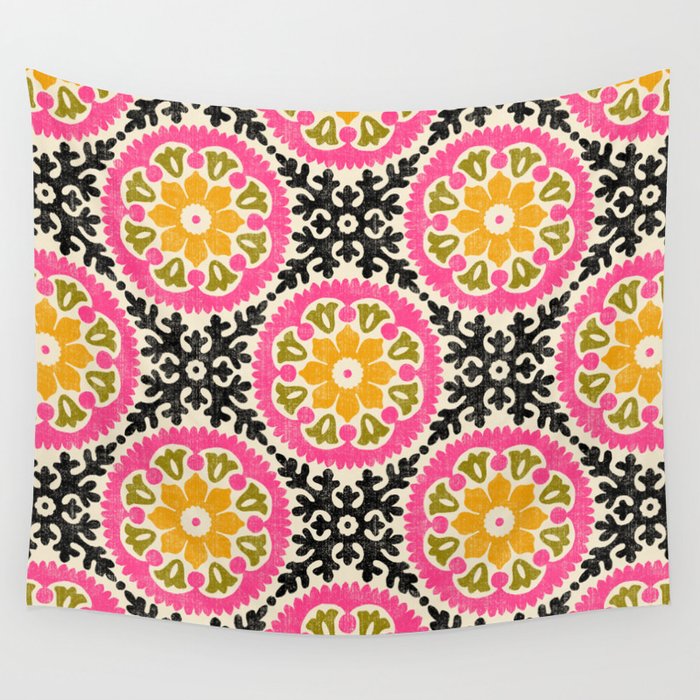 Folk Art Mandala - vintage pink, gold, and avocado green Wall Tapestry Gallery Image 4