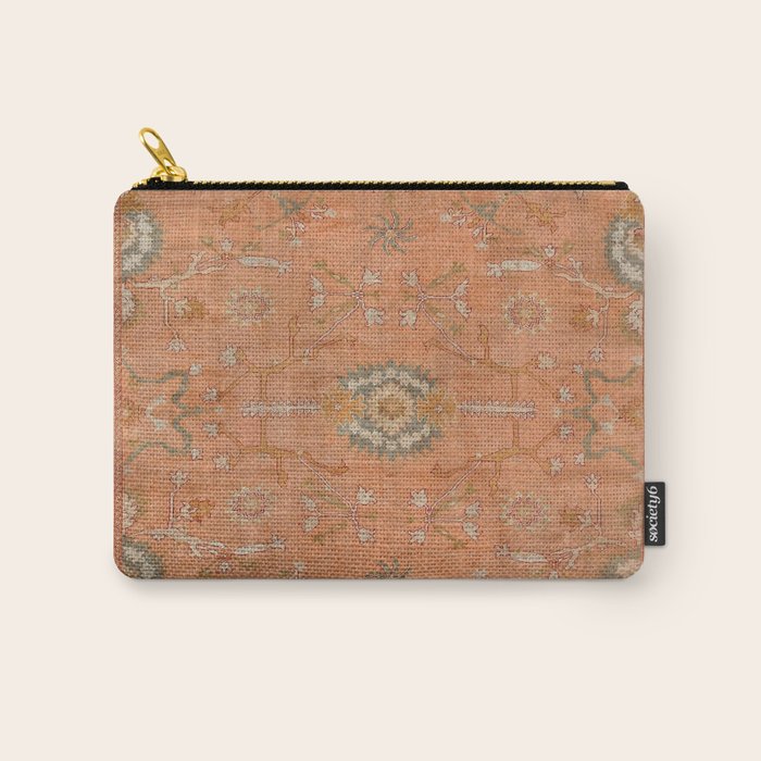 Antique Peach Apricot & Sage Green Turkish Ushak Rug Print Carry All Pouch Gallery Image 1