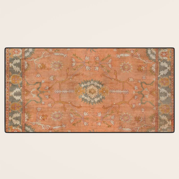 Antique Peach Apricot & Sage Green Turkish Ushak Rug Print Desk Mat Gallery Image 3