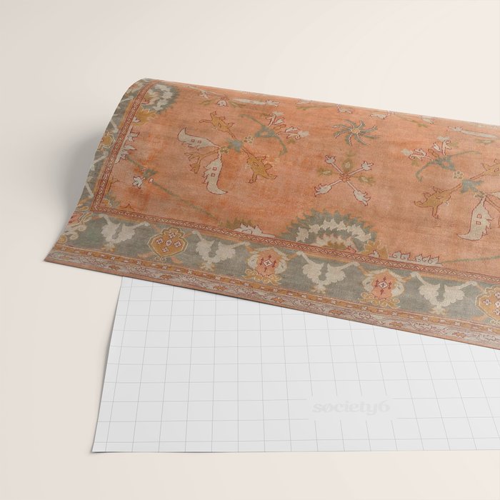 Antique Peach Apricot & Sage Green Turkish Ushak Rug Print Wrapping Paper Gallery Image 2