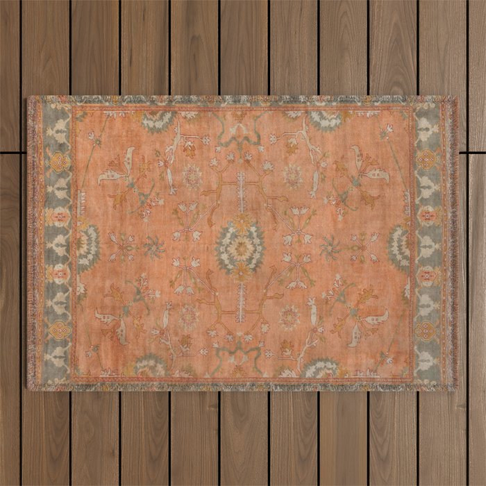Antique Peach Apricot & Sage Green Turkish Ushak Rug Print Outdoor Rug Gallery Image 1