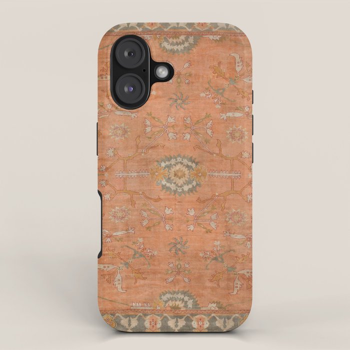 Antique Peach Apricot & Sage Green Turkish Ushak Rug Print iPhone Case Gallery Image 1