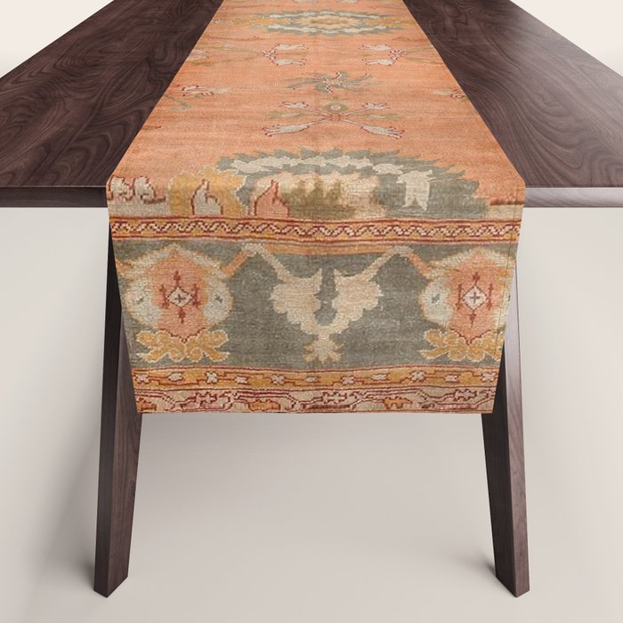 Antique Peach Apricot & Sage Green Turkish Ushak Rug Print Table Runner Gallery Image 1