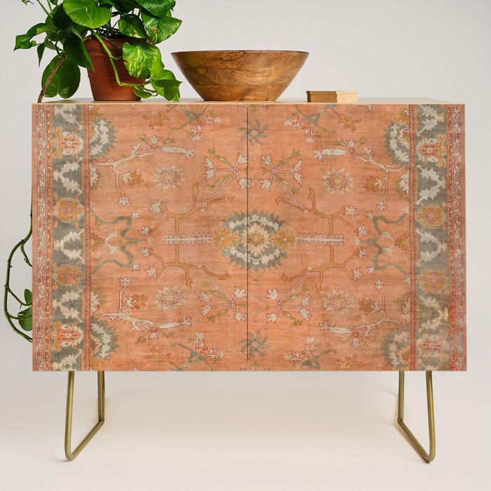 Antique Peach Apricot & Sage Green Turkish Ushak Rug Print Credenza Gallery Image 1