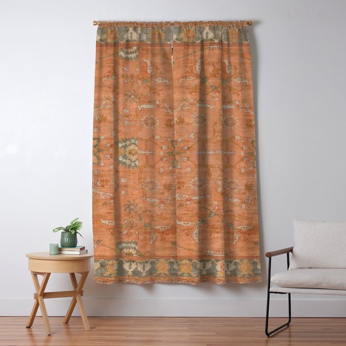 Antique Peach Apricot & Sage Green Turkish Ushak Rug Print Window Curtain Gallery Image 5