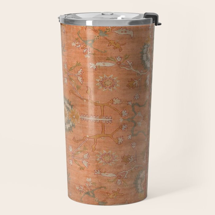 Antique Peach Apricot & Sage Green Turkish Ushak Rug Print Travel Mug Gallery Image 2