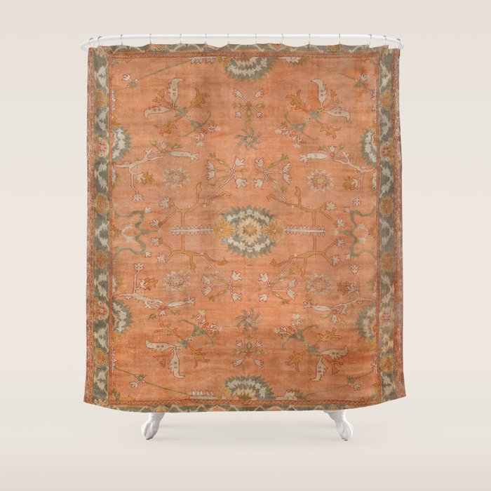 Antique Peach Apricot & Sage Green Turkish Ushak Rug Print Shower Curtain Gallery Image 1