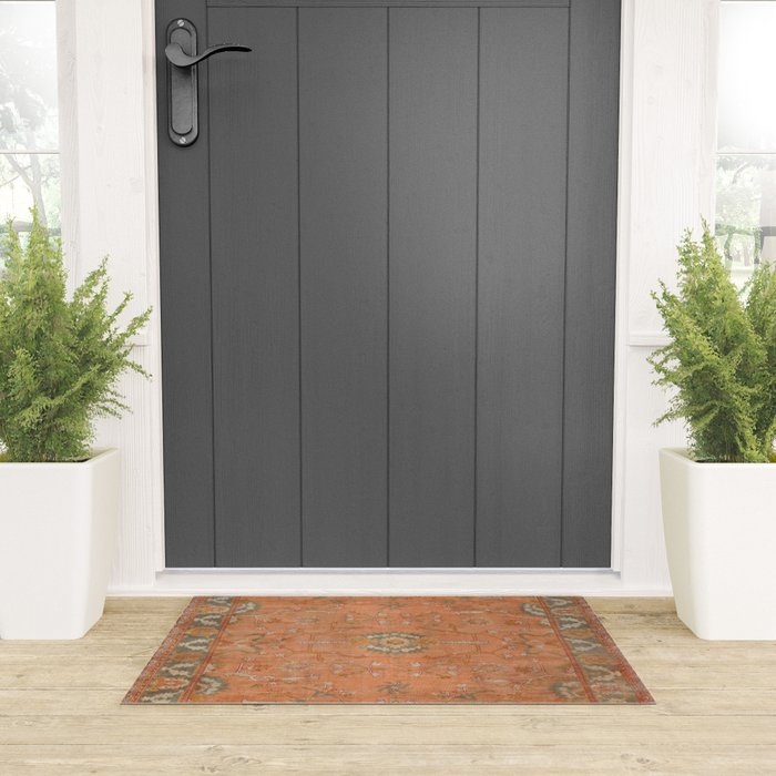 Antique Peach Apricot & Sage Green Turkish Ushak Rug Print Welcome Mat Gallery Image 3